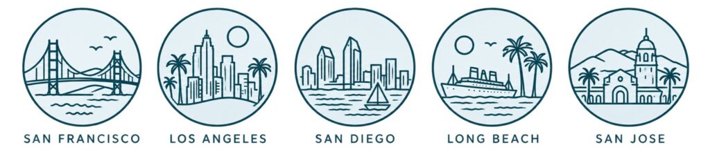 icons of California Landmarks: San Francisco, Los Angeles, San Diego, Long Beach, San Jose