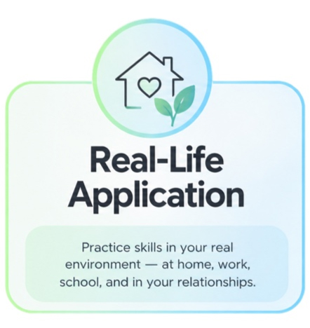 Real Life Application. Practice skills in your real environment - at home, work, school, and in your relationships.